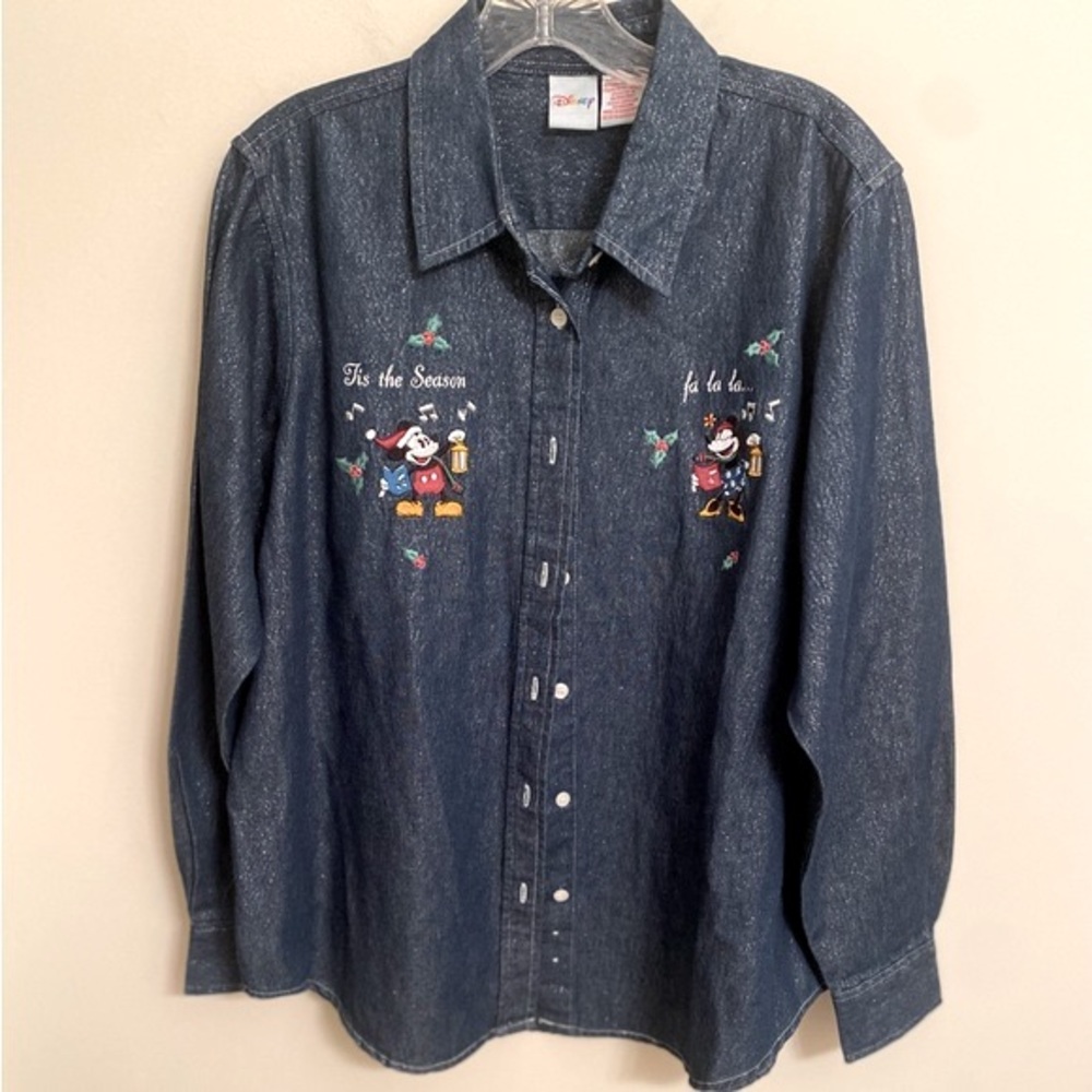 DISNEY Women's Mickey Minnie Christmas Holiday Denim Shirt Size L Long Sleeve